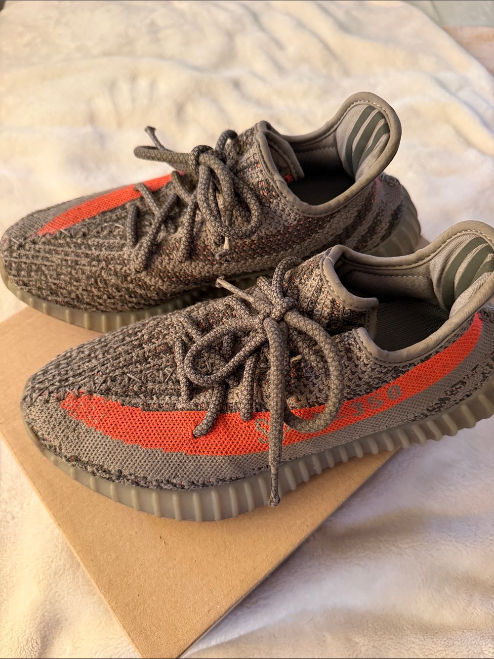 Yeezy Kids Grey Knit Sneakers with Bright Orange Stripe